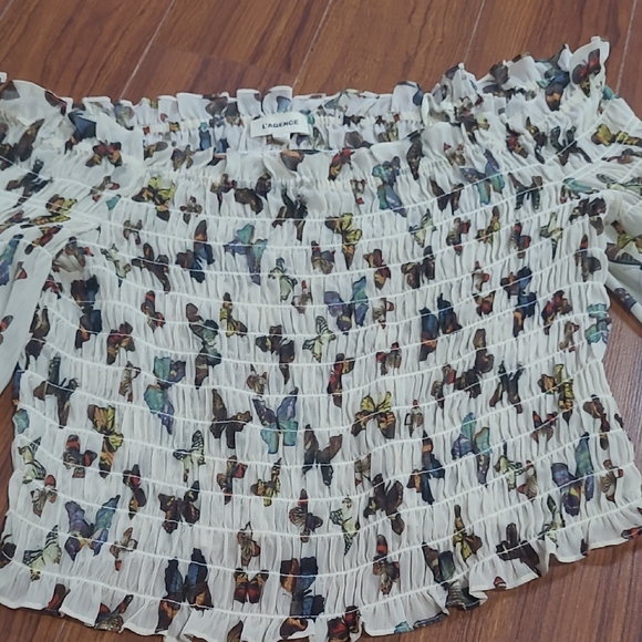 L'AGENCE Tops - L'AGENCE White Multicolor Butterfly Smocked Top
